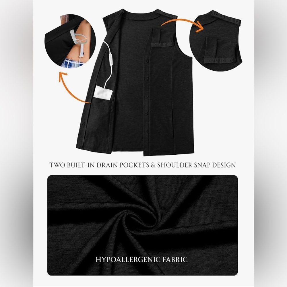 Deyeek Women's Black VNeck Post Op Snap Tank w/ Drain Pockets size M - Picture 2 of 9
